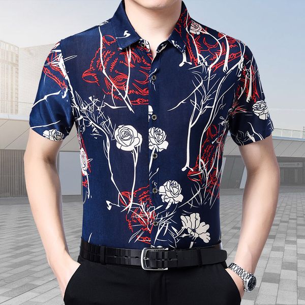 

summer mens fashion printed dress shirt floral clothes short sleeve male flowers printing shirts ing, White;black