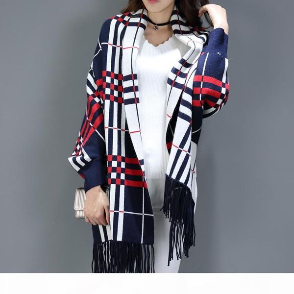 

xi yan source manufacturers double-sided cashmere plaid scarves long section of thick cashmere shawl with sleeves cape coat now, Blue;gray