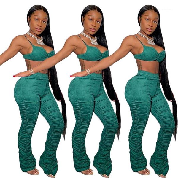 

лето женщины штабелях pant set sexy спагетти ремень crop top 2 бюстье высокой талией ruched брюки костюмы, White
