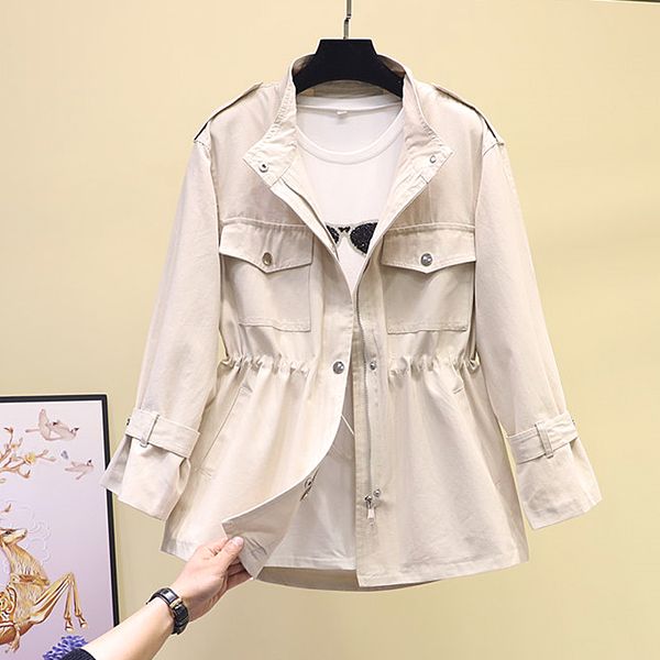 

spring windbreaker women coat 2020 autumn new korean slim drawstring trench coat women clothes casual solid short outwear g206, Tan;black