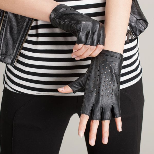 

fashion holes decoration genuine leather gloves women summer breathable driving gloves half finger leather ladies agb567, Blue;gray