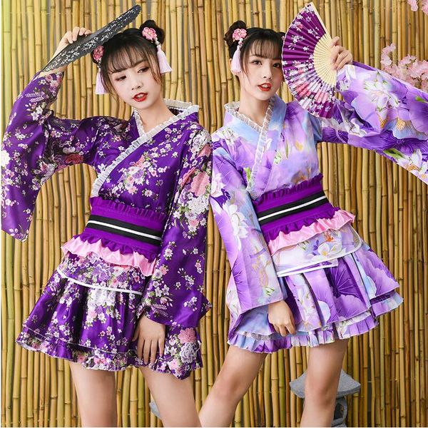 

japanese floral girls costume halloween anime cosplay uniform women themed party outfit purple sakura kimono fancy dress, Black;red