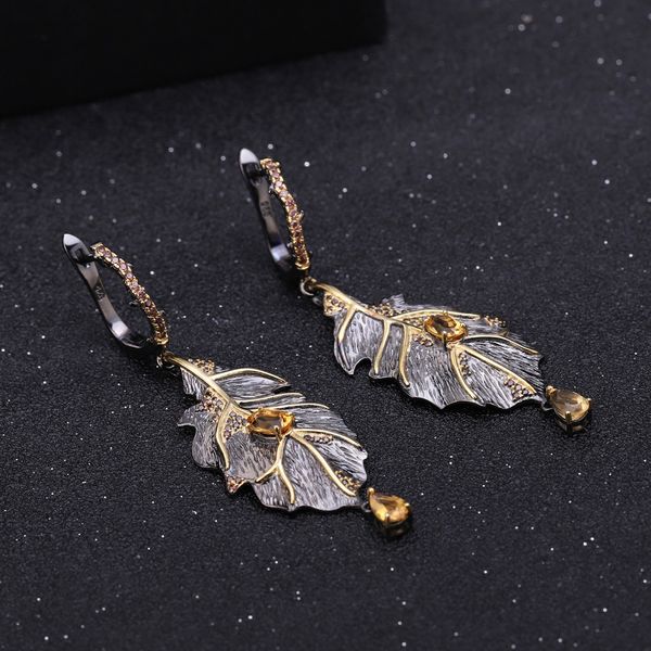 

gems ballet georgia okeeffe 0.97ct natural citrine 925 sterling silver handmade monstera leaves drop earrings for women bijoux, Golden