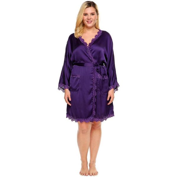 

women's lace satin kimono robe long sleeve belted sleepwear plus size, Black;red