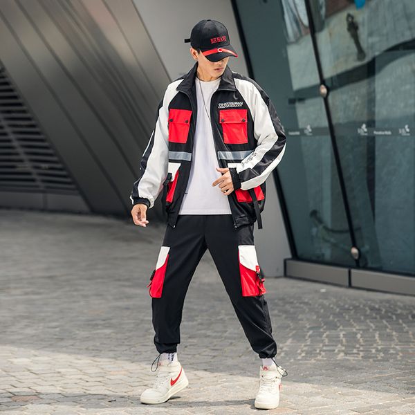 

men's hooded jacket+pants 2pc sets mal workwear tide card loose patchwork pocket coat& long pants high street mal clothing, Gray