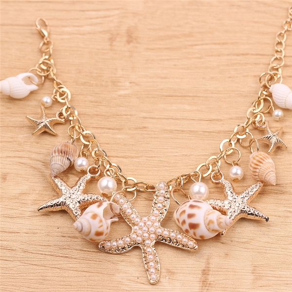 

2020 selling ocean style bracelet multi starfish sea star conch shell pearl chain beach bangle novelty holiday accessories, Golden;silver