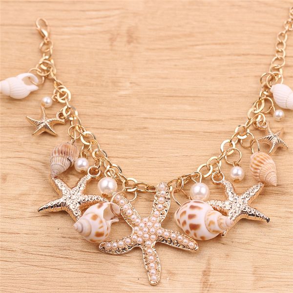 

2020 selling ocean style bracelet multi starfish sea star conch shell pearl chain beach bangle novelty holiday accessories, Golden;silver