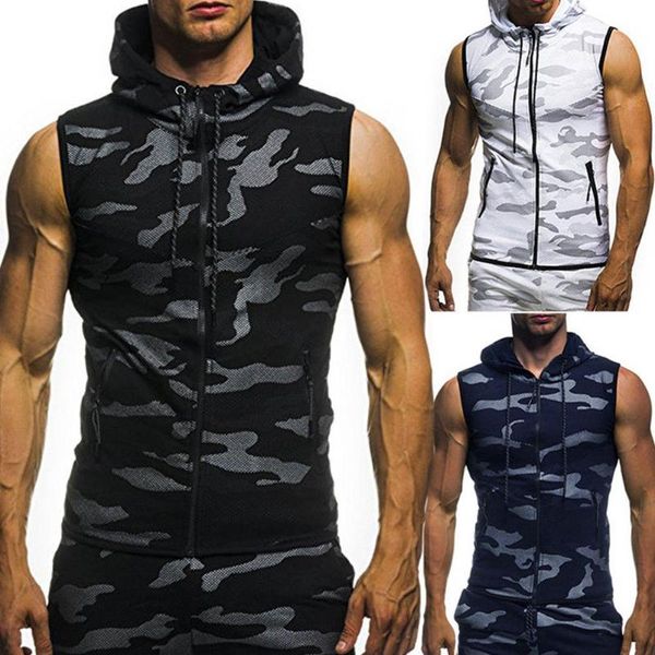 

men vest 2020 fashion camouflage sleeveless hooded jacket casual slim fitness workout waistcoat men' clothing, White;black