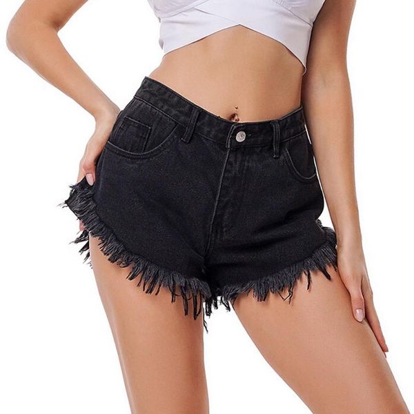 

women's jeans fashion solid color high waist denim shorts hole beach bottom shredded tassel female mini pants #g3, Blue