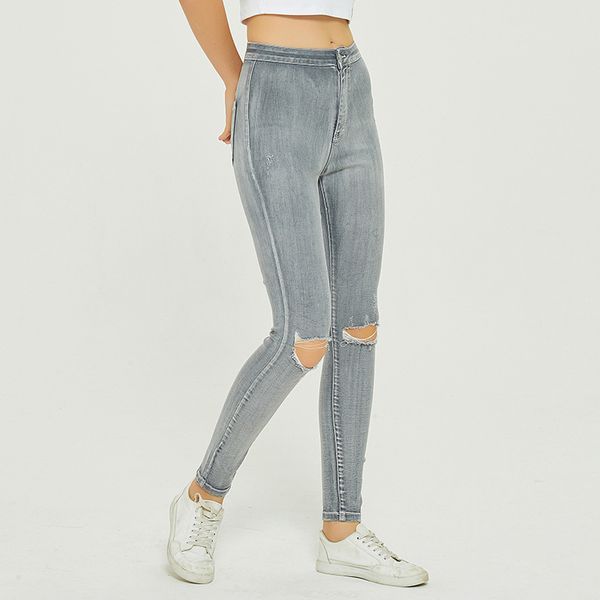 

women's jeans plus size women vintage denim pants high waisted skinny office lady grey hole bleached cotton pencil trousers, Blue