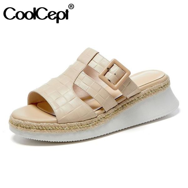 

coolcept women sandals shoes open toe slip on shoes stone pattern real genuine leather summer female footwear size 34-39, Black