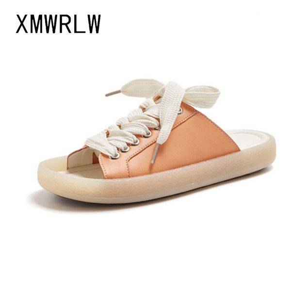 

xmwrlw summer slippers women flat shoes genuine leather casual lace up ladies slippers non-slip women summer shoes flat slipper, Black