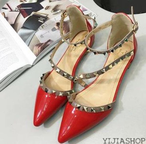 

new women's patent leather strap sandals with rivets covering heel shoes fashion new arrival point toe sandals flat shoes red, Black