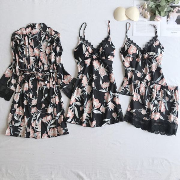 

summer 2020 women pajama sets 4 pcs lace pyjamas women satin silk sleepwear elegant pijama with chest pads printed homewear, Black;red