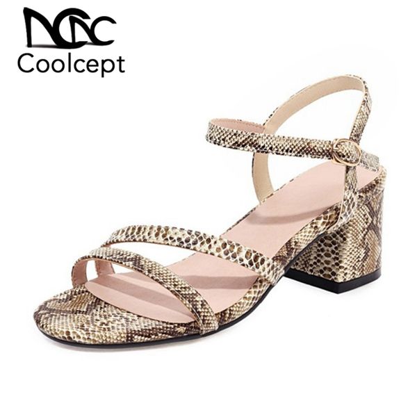 

coolcept plus size 31-48 women sandals shoes fashion serpentine print or solid shoes women square heels metal buckle footwear, Black