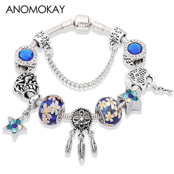

anklets silver color dream catcher charm bracelet with heart key dark blue crystal bead pentagram men homme pulsera, Red;blue