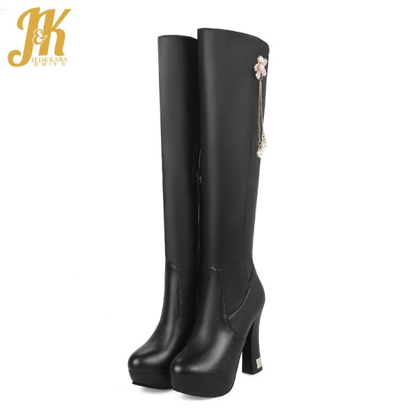 

boots jk pu high heels women knee boot ladies round toe platform shoes female metal crystal zip winter 2021, Black