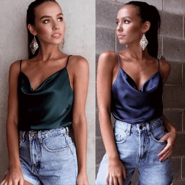 

2020 new fashion women casual style satin silk v neck lace vest strappy summer beach cami tank, White