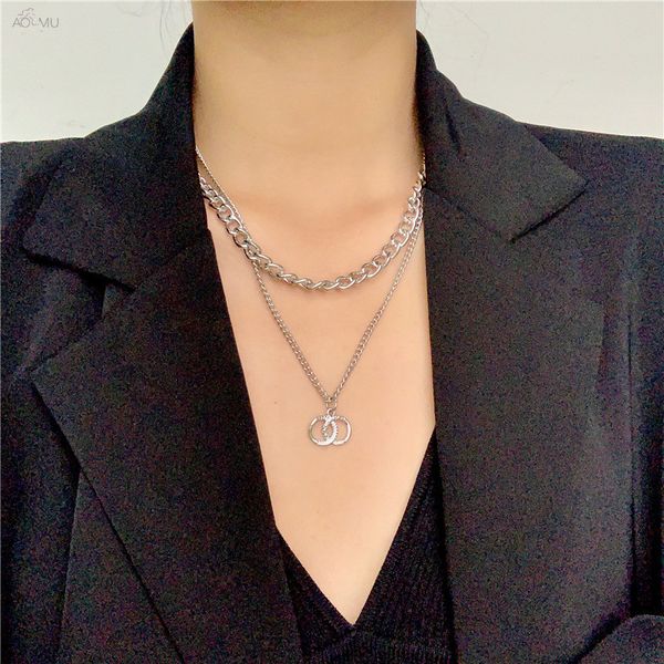 

aomu 2020 fashion street sdouble layer chain necklace mix pendant clavicle chain for temperament women fashion jewelry, Silver