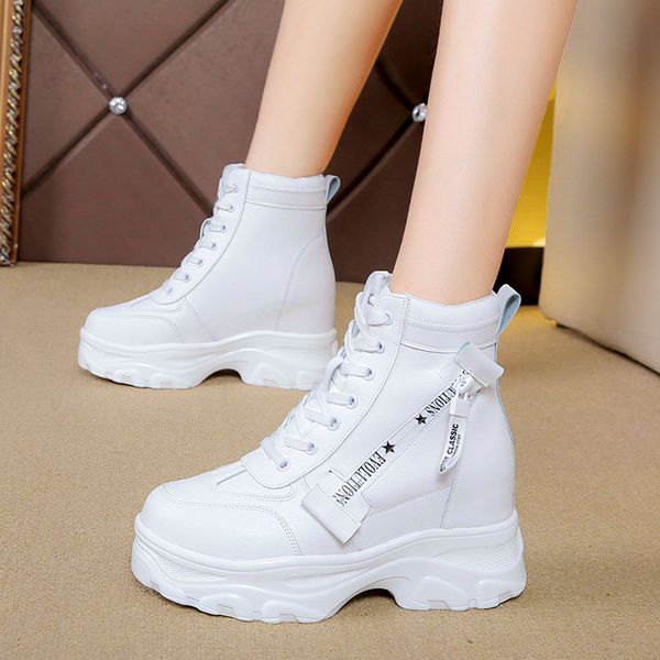 

2020 casual женщина ботильоны осень толстого дна high top rivet кроссовки кожаные добычи удобные 8cm каблуки зимних сапоги, Black