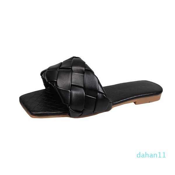 

square toe summer slippers women woven designer flats shoes cute slippers sandals pu leather ladies slides, Black