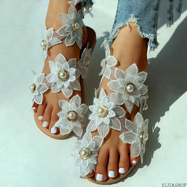 

sandals bohemian ladies summer shoes fashion casual floral pearl flat toe ring beach, Black