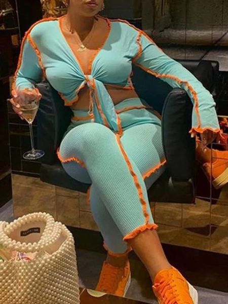 

womens color contrast line long sleeve tie front cardigan high waist pants casual 2 piece set, White