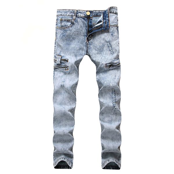 

men's jeans denim washed men casual pants large size ripped distressed zipper slim stretch locomotive long brand design, Blue