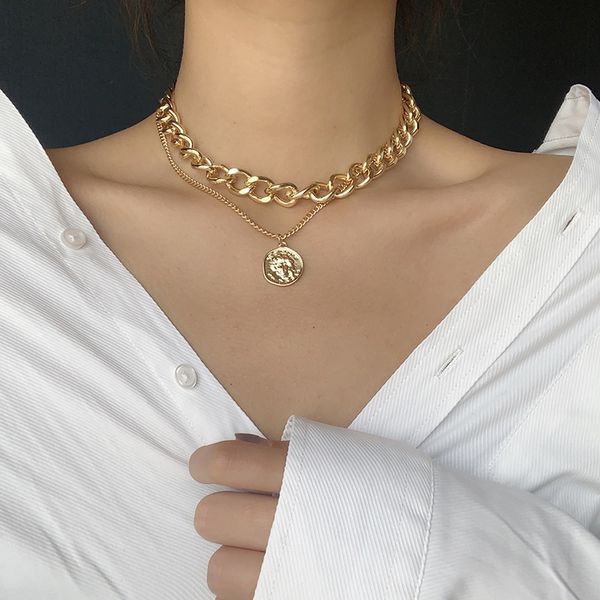 

chokers 2021 hiphop multi chains necklaces for women vintage coin pendant necklace fashion punk jewelry chain statement, Golden;silver