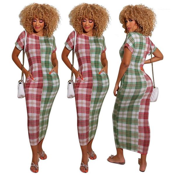 

plaid printed contrast color short sleeve long dress fashion female clothing summer womens designer plus size dress, Black;gray