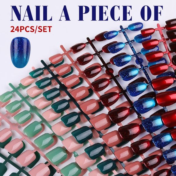 

48pcs 12 sizes wearable false nails full cover french nail patch chip solid color charm fake nails coffin manicure designs, Red;gold