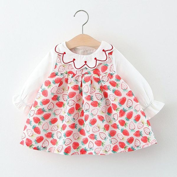 

baby girls dresses bow strawberry clothes sets kids clothes baby long sleeve birthday party princess dress print floral clothing, Red;yellow