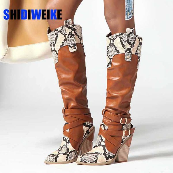 

2020 snake print stitching boots mixed colors buckle knee high boots winter women shoes pointed toe cowgirl western, Black