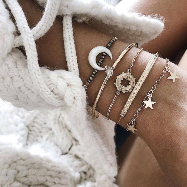 

black crystal beads white moon charm bangle gold color stars bracelets for women 2020 fashion jewelry hand chains set new
