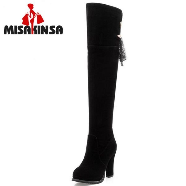 

fitwee women high heel over knee boots ladies warm winter bowtie bowknot footwear thickened fur zipper woman shoes size 33-43, Black