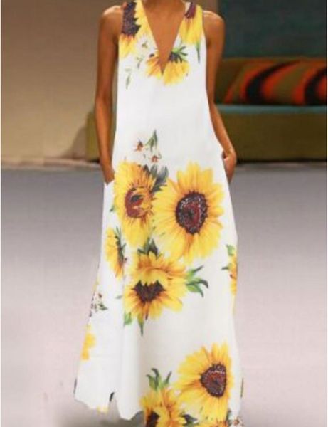 

summer women designer casual dresses sunflower printed deep v neck sleeveless female dresses plus size woman clothing, Black;gray