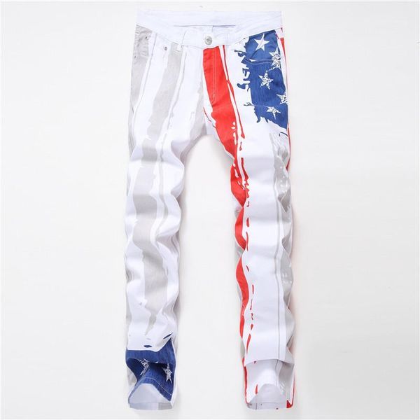 

mens pencil pants summer fashion homme clothing mens white printed personality jeans men designer jeans casual, Blue