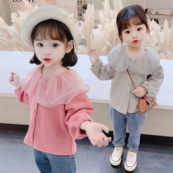 

kids designer clothes girls2020 spring and autumn new large lapel doll collar knitted cardigan coat korean style girls' coat, Blue