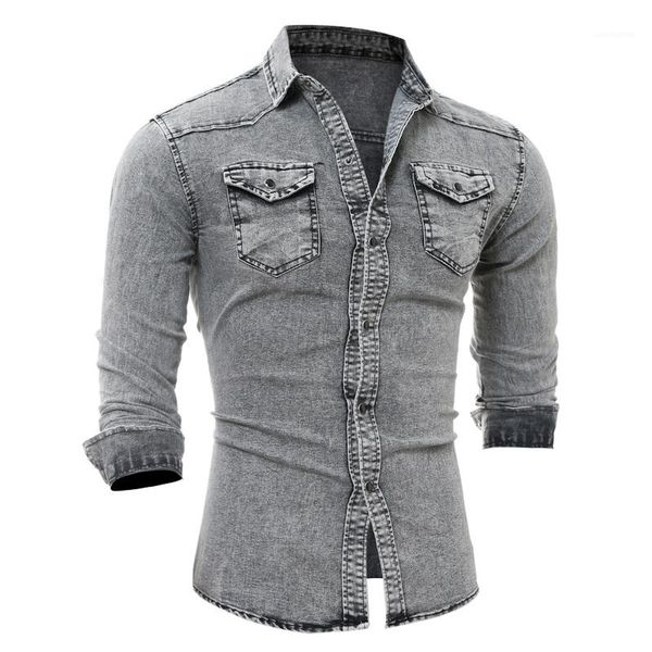 

jean shirts vintage solid lapel neck male tshirts long sleeve straghit fashion homme clothing spring mens washed, White;black
