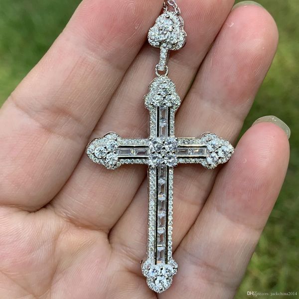 

sparkling classical luxury jewelry 925 sterling silver princess cut white clear 5a cubic zirconia cz party cross pendant necklace with chain