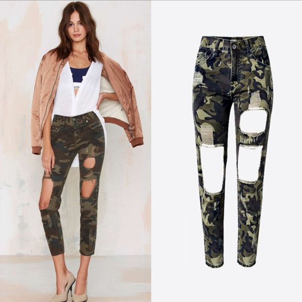

boyfriend jeans women ripped hole high waist jeans female camouflage denim pants trousers capris, Blue