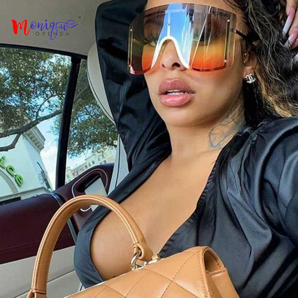 

2020 fashion oversized blue yellow sungalsses women rimless oversized sun glasses shades one picece goggle, White;black