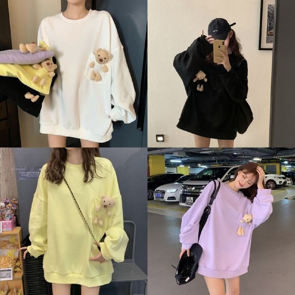 

vintage coat sweater bear sweater women's spring and autumn thin korean style loose student hat-coat ins ion1a, Black
