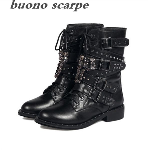 

fashion round head low heel leather strap metal chain motorcycle boots show temperament rivet women's boots, Black