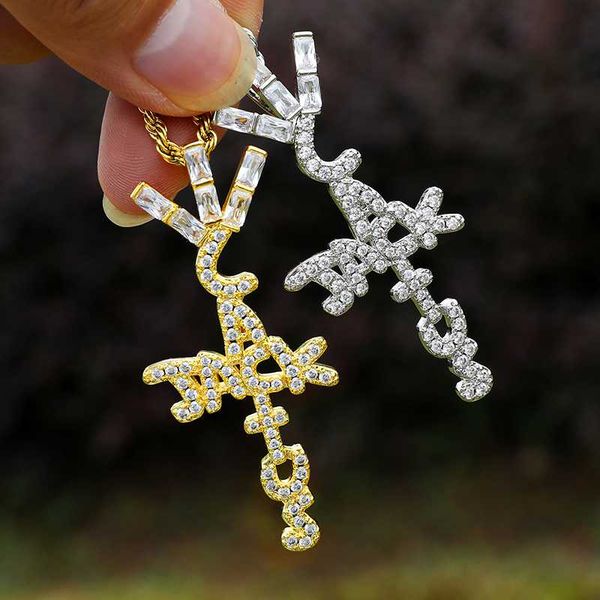 

us7 jack shape pendant necklace for men women travis scocactus crystal cubic zirconia pendant hip hop jewelry gift, Silver