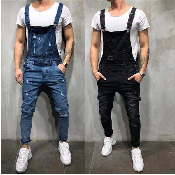 

autumn men's ripped jeans jumpsuits and condole belt shorts hi street distressed denim bib overalls for jogging suspender pants, Blue