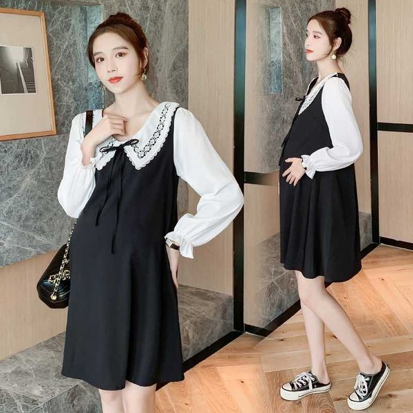 

9009# maternity dress spring autumn long sleeve mid-long loose stylish dress for pregnant women mom, White