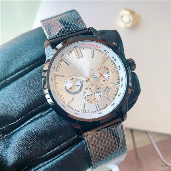 

calibre full-featured six-hand multi-dial quartz men watch mesh steel strap mens classic watch fashion simple business watch full dial work, Slivery;brown
