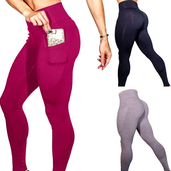 

2020 new women's solid color pocket mesh hips yoga pants sports yoga pants fitness running tight #06, White;red