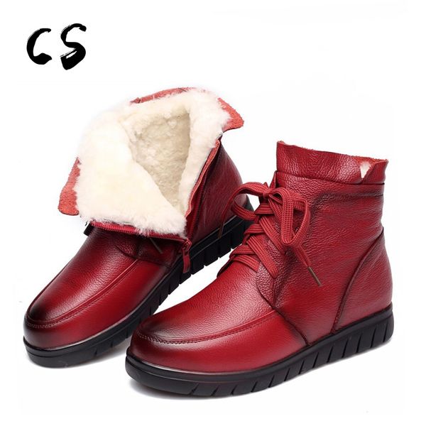 

cuculus 2020 женщины snow boots vintage натуральная кожа натуральная шерсть меха зима теплая ботильоны для женщин плоский мать обувь 2007, Black